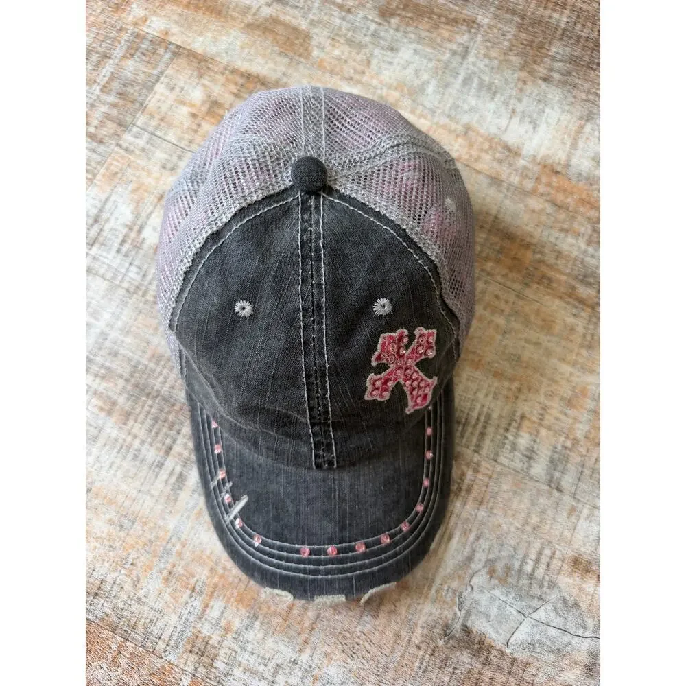 Katydid Gray Distressed Y2K Pink Rhinestone Embellished Cross Baseball Cap